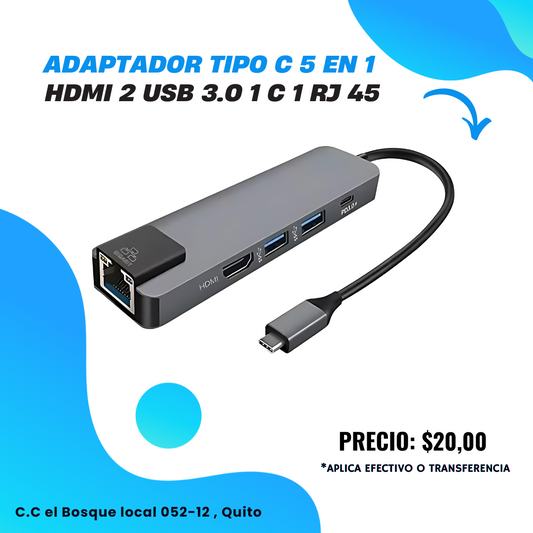 ADAPTADOR TIPO C 5 EN 1 HDMI 2 USB 3.0 1 C 1 RJ 45