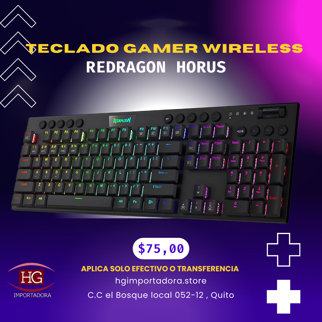 TECLADO GAMER WIRELESS HORUS FULL SIZE K618-RGB-SP MECANICO REDRAGON 100%